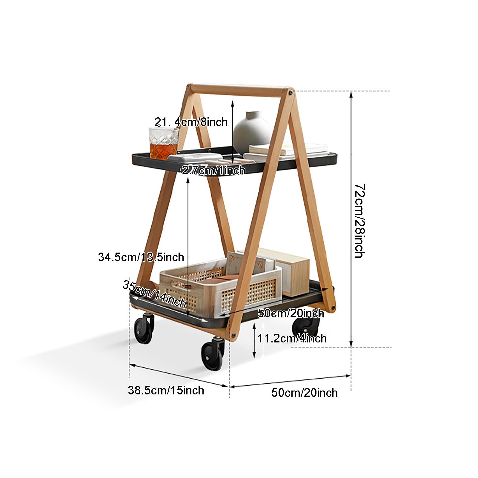 Carrito de Almacenamiento con Ruedas, Mesa Auxiliar de 2 Niveles con Ruedas, Carrito utilitario de Madera para Sala de Estar, Dormitorio, Comedor y Cocina.