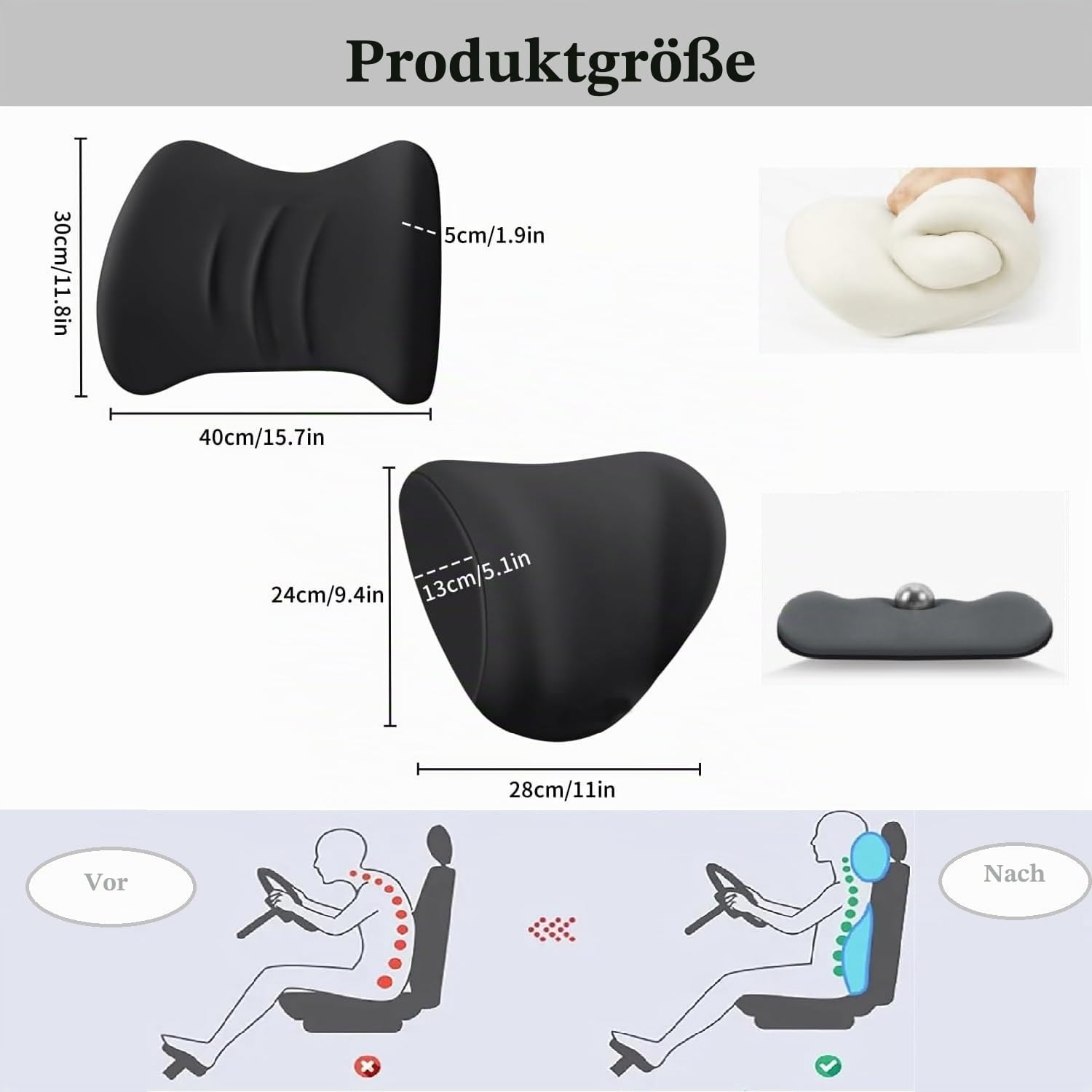 Lendenwirbelstützkissen und Auto Kopfstütze Nackenkissen Set Memory Foam Auto Kopfstütze Kissen Autositz Kopfstütze Lendenkissen für Nacken Rücken Schmerzlinderung Bürostuhl LKW Rollstuhl