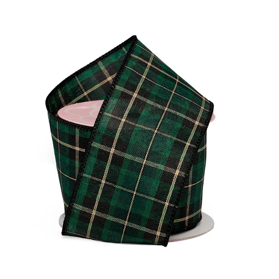 Image of Black Green Wired Tartan Ribbon - 2 1 /2 inch x 10 Yards, St. Patrick's Day, Plaid, Gift Wrapping, Bows, Presents, Wreath, Swag, Garland