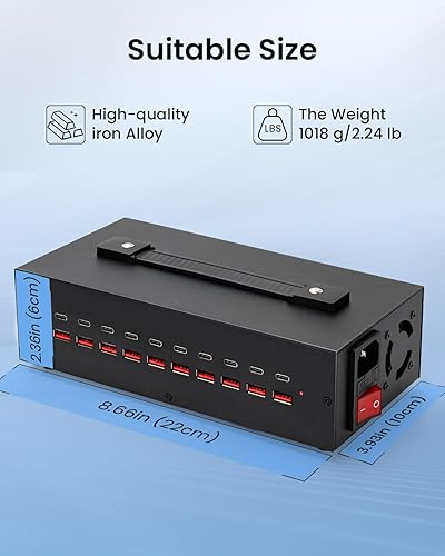 Miniatura 7 de Estación de carga USB-C de 200W, bloque de cargador USB de 20 puertos (10 USB A y 10 USB-C), estación de carga rápida para múltiples dispositivos,