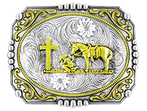 Image of Moranse Cross Cowboy Kneeling Prayer Horse Zinc Alloy Belt Buckles