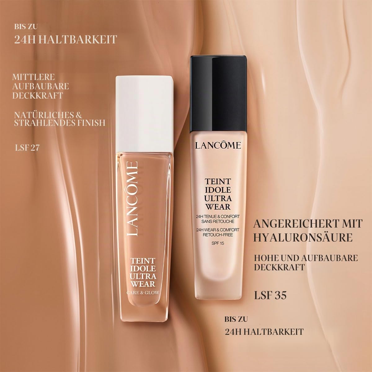 Lancôme Teint Idole Ultra Wear Care & Glow Foundation 355N, feuchtigkeitsspendende Foundation in Beige mit natürlichem Glow-Finish, bis zu 24h Halt, geeignet für alle Hauttypen, 30ml