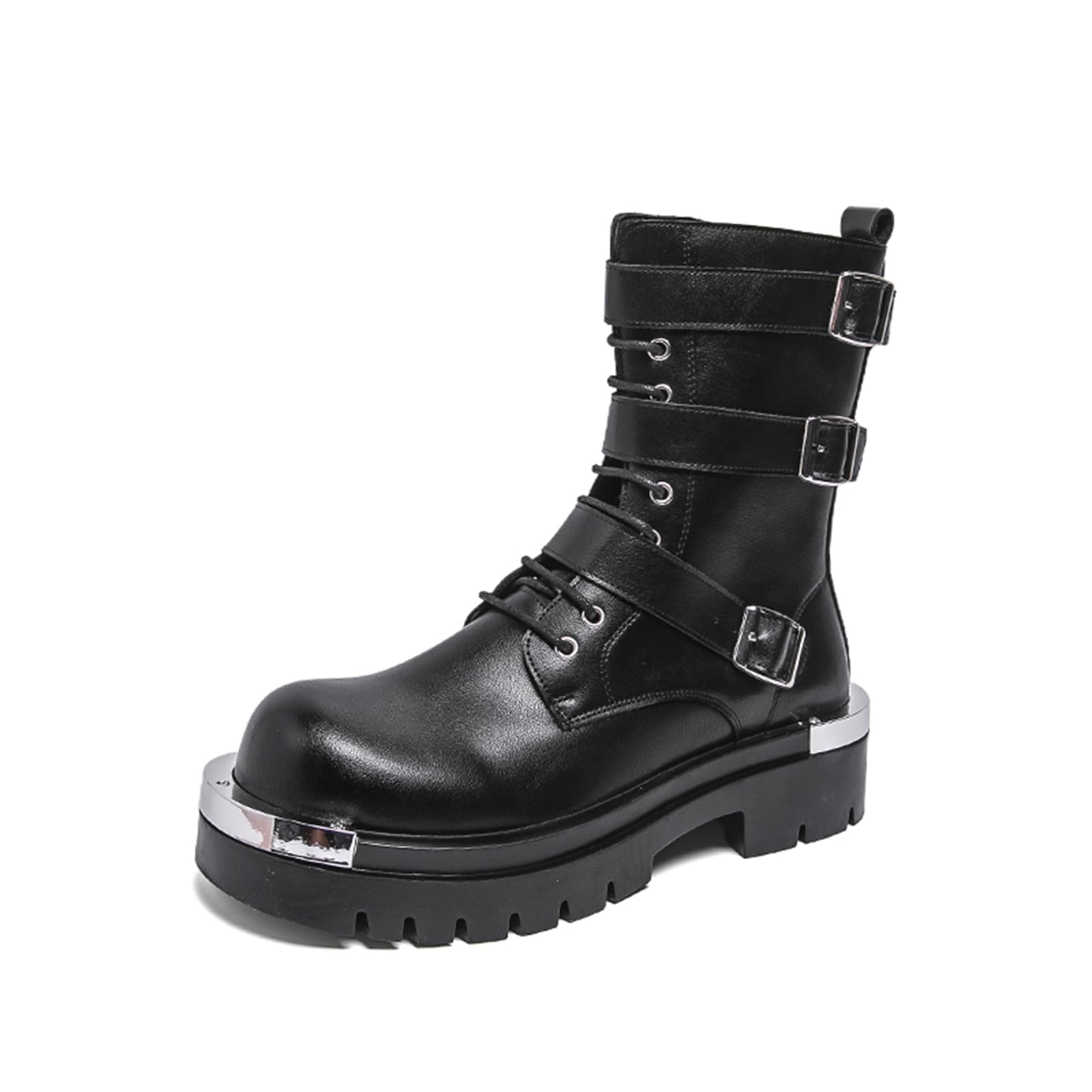Men's Leather Lace Up Platform Military Combat Boots with Multiple Buckle Side Zip Chunky…