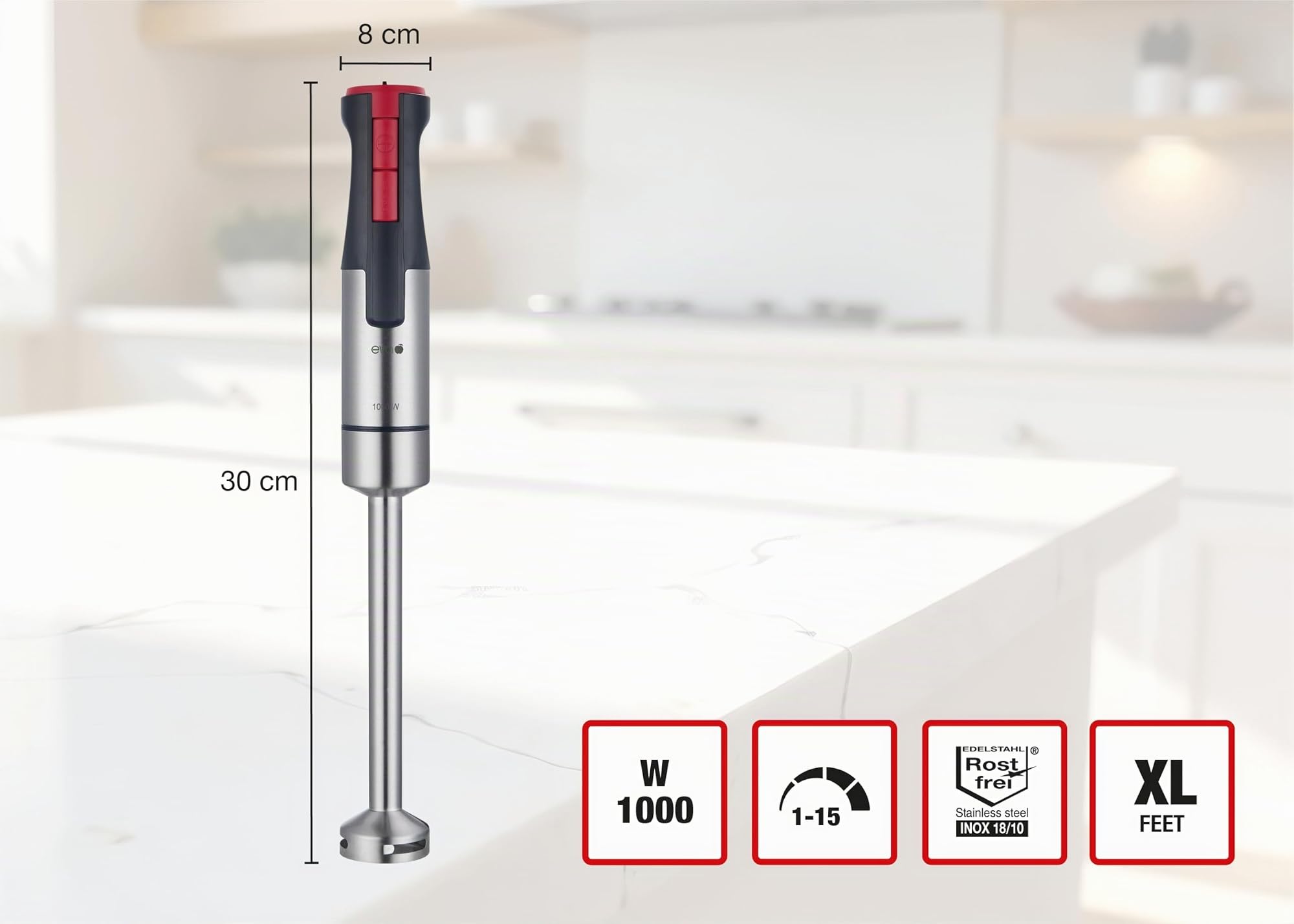 Frullatore a immersione Eva PRO HB9103 - Black & Red Hand Blender - Grigio/Nero/Rosso – Per uso domestico avanzato e semi-professionale – 1000–1200 W – Lama in acciaio inox – Asta XL da 27 cm