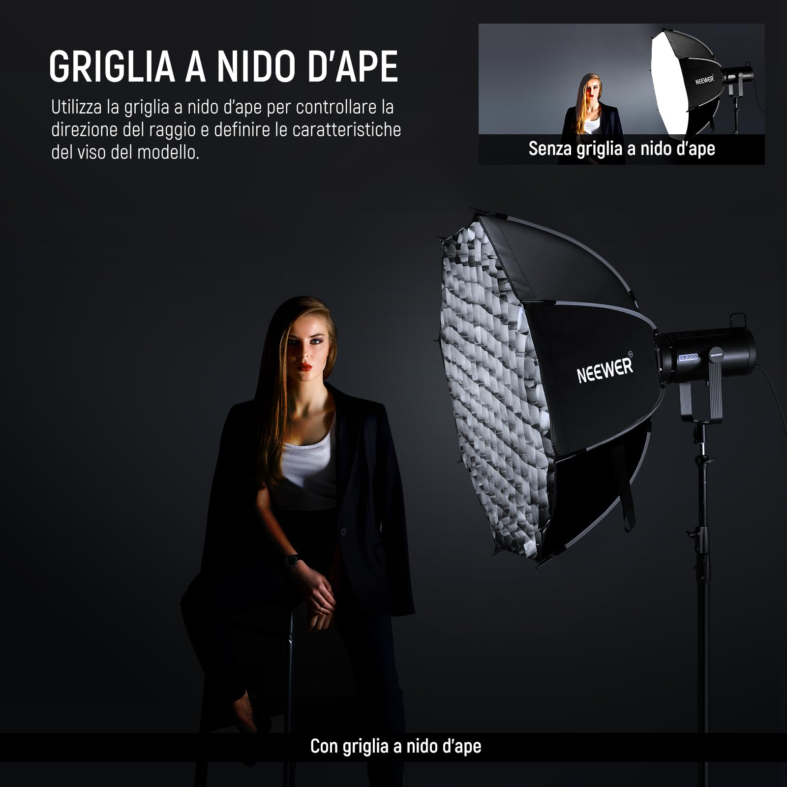 NEEWER Softbox Parabolico Ottagonale da 90cm, Soft Box Bowens Compatibile con Aputure 120d Compatibile con Godox SL60w Q4 AS600B CB300B Q300 Luce, Diffusori, Griglia, Borsa e Panno da Pulizia, NS92P