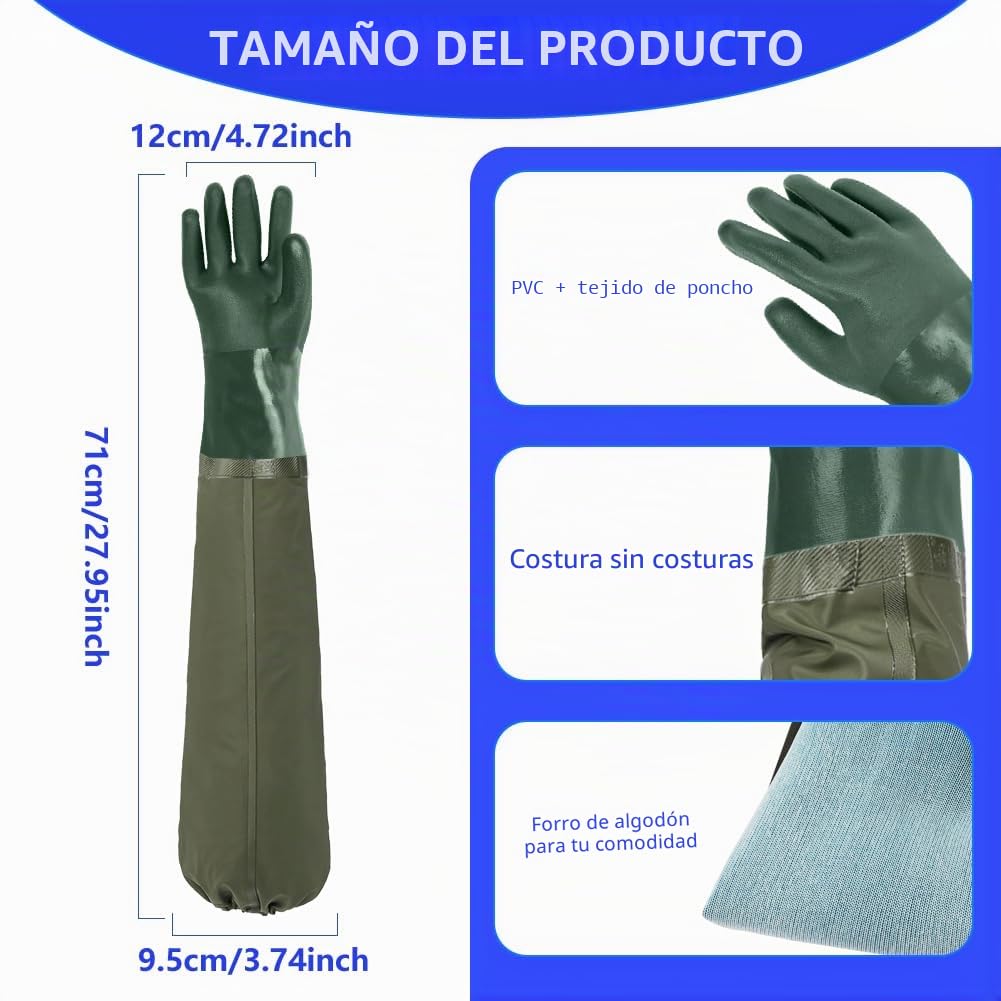 70cm Guantes de Estanque, Impermeables Limpieza Guantes Trabajo con Longitud Hasta el Codo para Jardinería, Pesca, Acuarios y Maquinaria Industrial (Verde)