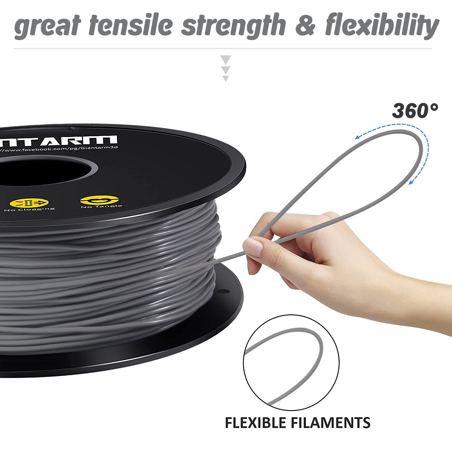 TPU Filamento per stampante 3D, Filamento TPU GIANTARM 1,75 mm, precisione dimensionale +/- 0,02 mm, 0,5 kg, Grigio