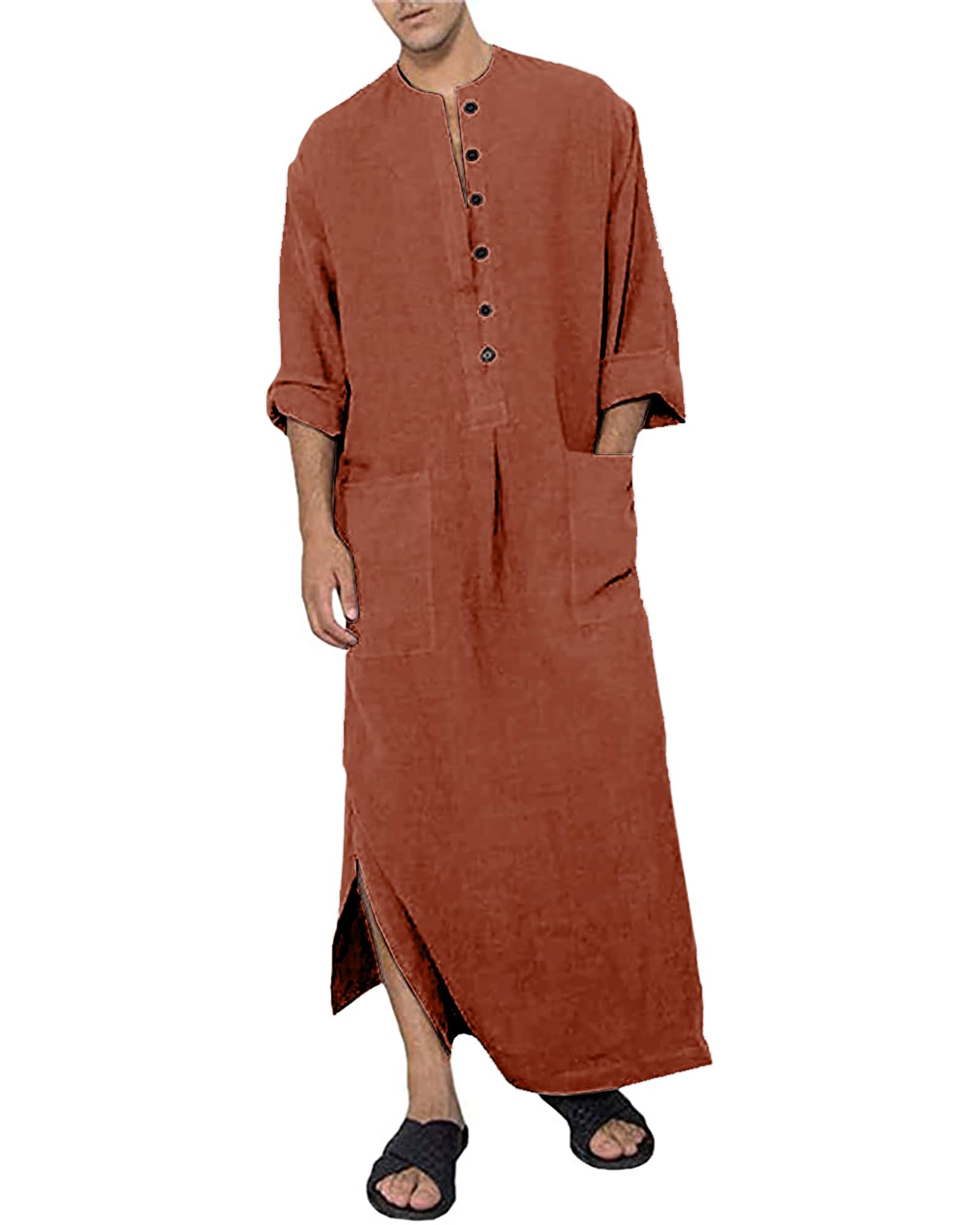 YAOHUOLEMen's Kaftan Thobe Long Sleeve Muslim Robe Button Up Side Split Kaftan Thobe with Pockets