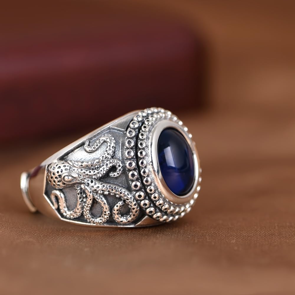 Oktopus Ring für Herren 925 Sterling Silber Seeungeheuer Kraken Tintenfisch Ring mit Blauem Stein Offen Verstellbar