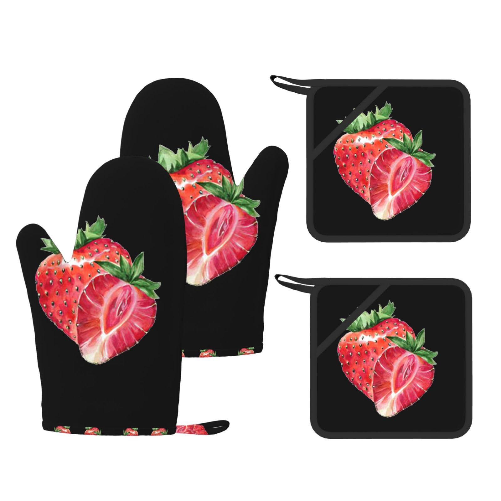 Strawberry Printed Oven Gloves and Hot Pads Set of 4, High Heat Resistant Silicone Mitts for Cooking BBQ