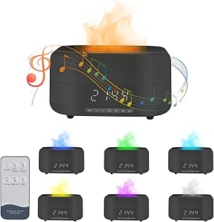Suewidfay Flame Essential Oil Diffuser, 400ml Air Diffuser with 7 Colour Lights, Speakers Air Humidifier Aromatherapy Diffuser, Waterless Auto-Off for Home Office Room