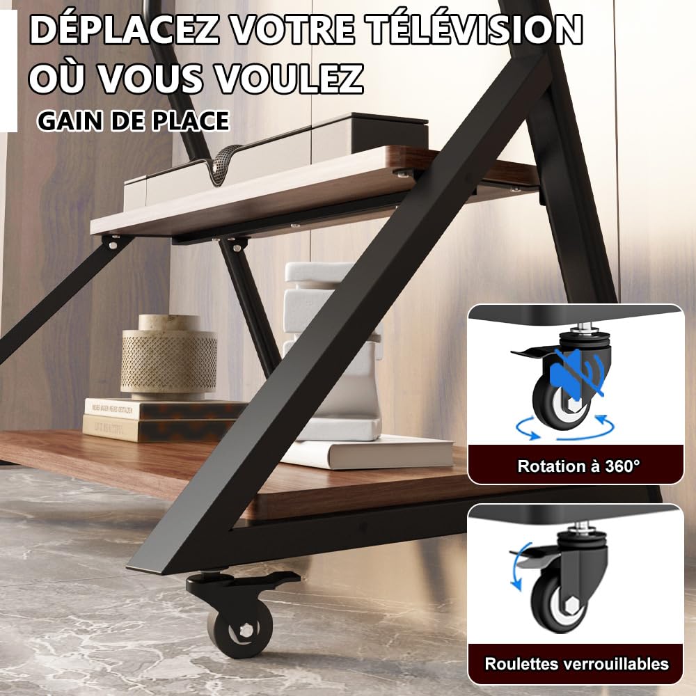 Support TV sur Pied à roulettes avec étagère en Bois pour téléviseurs de 50 à 100 Pouces, Chariot TV Noir Portable à Hauteur réglable, capacité de Charge maximale de 100 kg, VESA 800 × 600 mm.