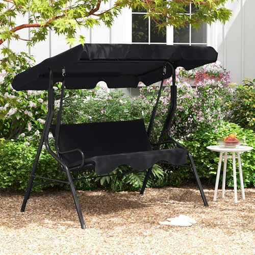 Image of Tangkula 3 Person Porch Swing, Patio Swing with Removable Cushion & Powder-Coated Steel Frame, Outdoor Swing with Canopy for Porch, Backyard, Garden, Balcony (Black)
