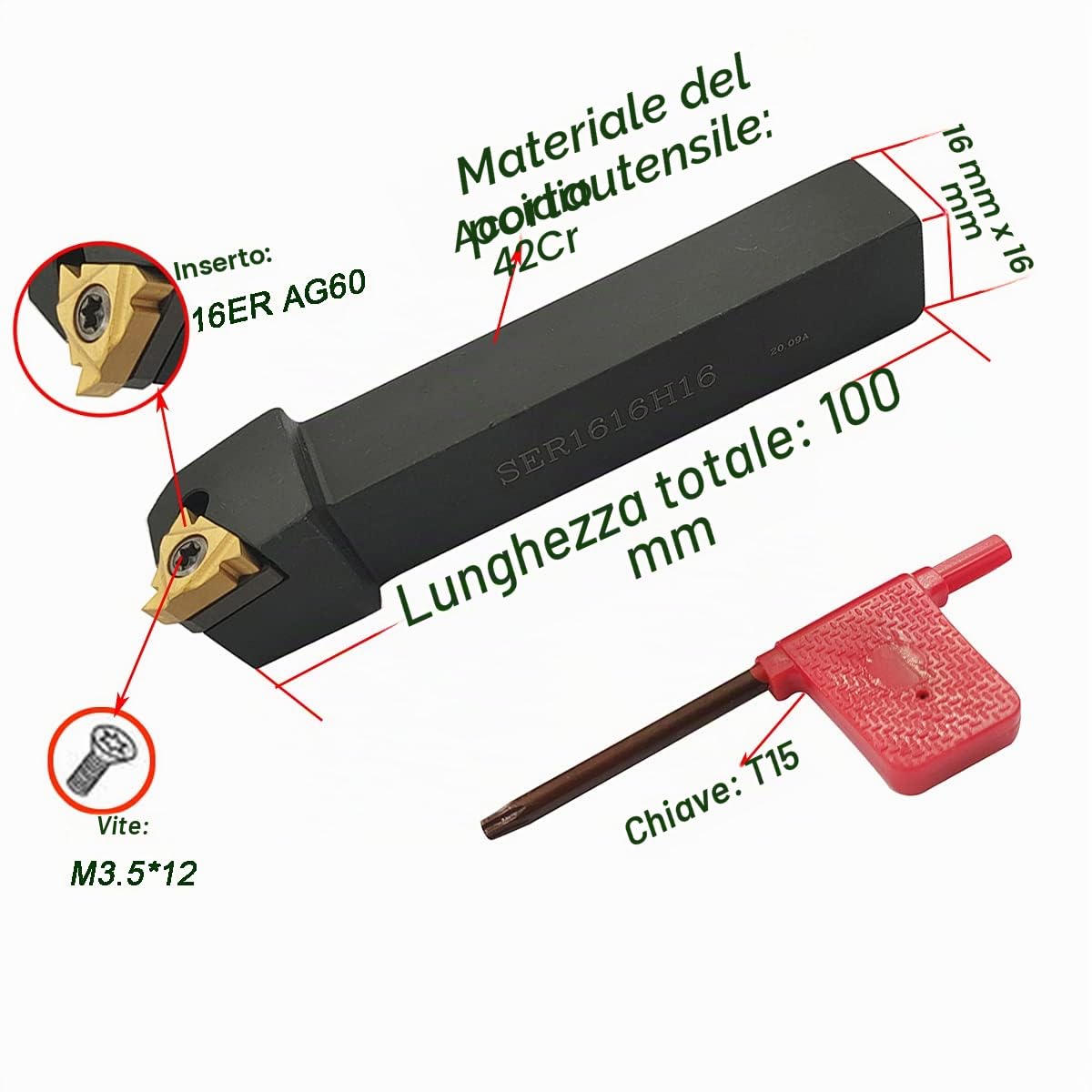 Barra alesatrice da 1/2" 5/8" SNR0013M16+SER1616H16 Tornio Inserti di filettatura interna Portautensili per tornitura con 5pcs 16ER AG60+5pcs 16IR AG60 Inserti per tornitura in carburo.
