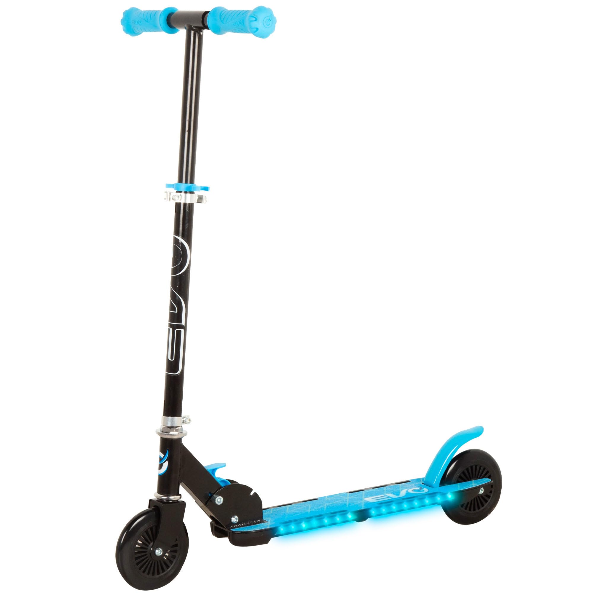 COLORBABY EVO 2-Wheel Folding Scooter, Black and Blue, Multi-Coloured Base with Lights, Adjustable Height, Rear Brake, Max Weight 50 kg, Toys for Children 5 Years, Children's Scooters (54338)