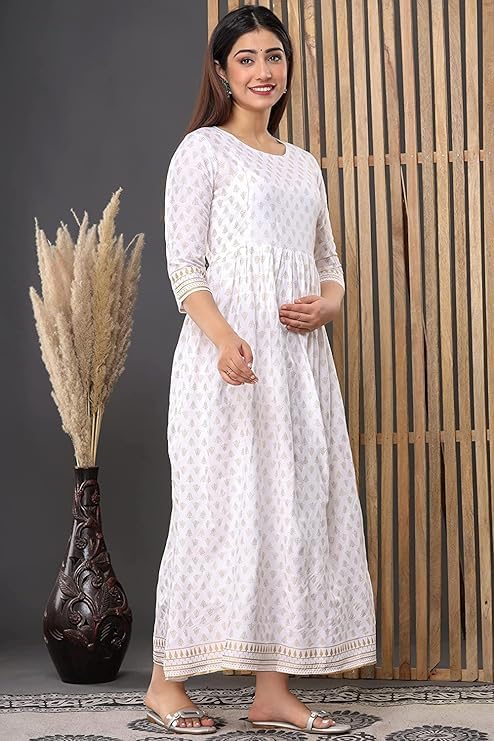 Image of Vinny's Creation Women's Cotton Maternity Kurti | Floral Printed Feeding Kurta with Hidden Zipper | Stylish Pregnancy Gown & Nursing Dress for Womens