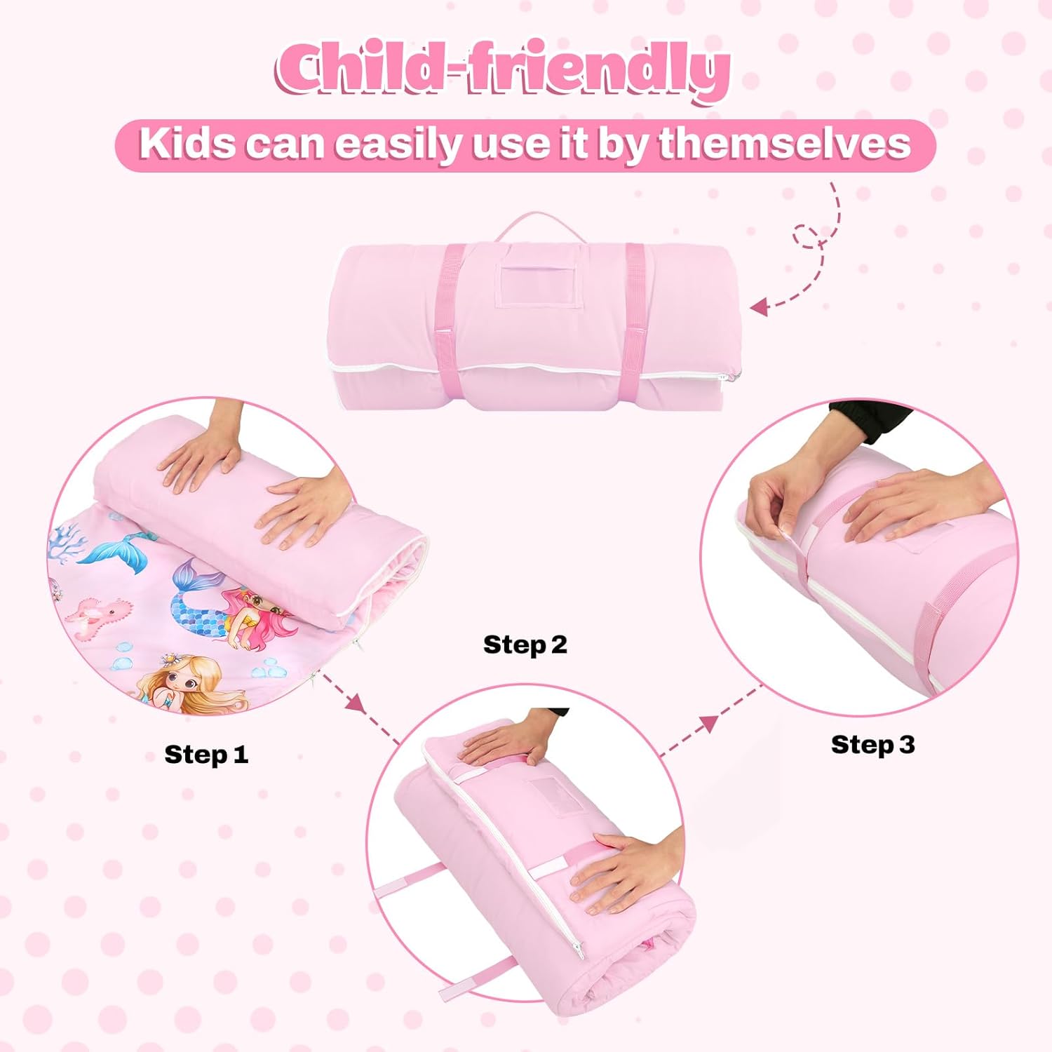 Toddler Nap Mat Sleeping Bag with Removable Pillow, 59" x 24" Kids Roll Up Portable Slumber Mat for Daycare, Kindergarten, Camping – Lightweight, Soft & Easy to Clean for Girls and Boys