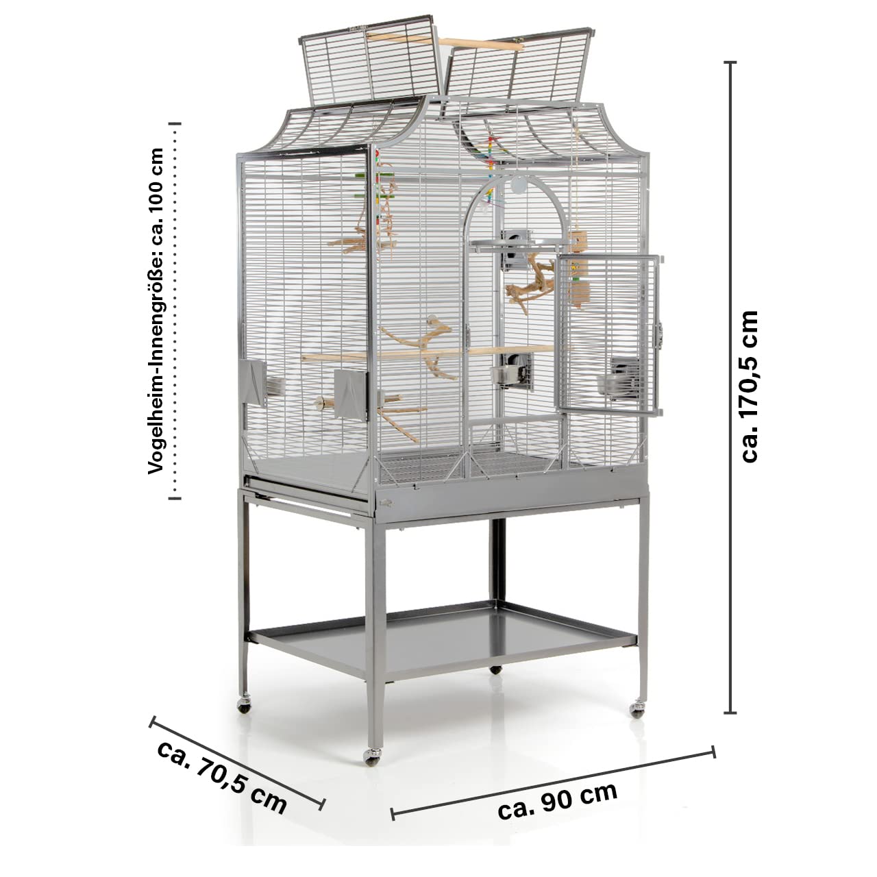 Montana Cages | Premium Vogelkäfig Madeira III großer Vogelkäfig für Sittiche, inkl. Anflugklappe, Freisitz, 4 Edelstahlnäpfe, AVILON Pulverbeschichtung, Platinum Edition, ca. 90 x 70 x 170cm