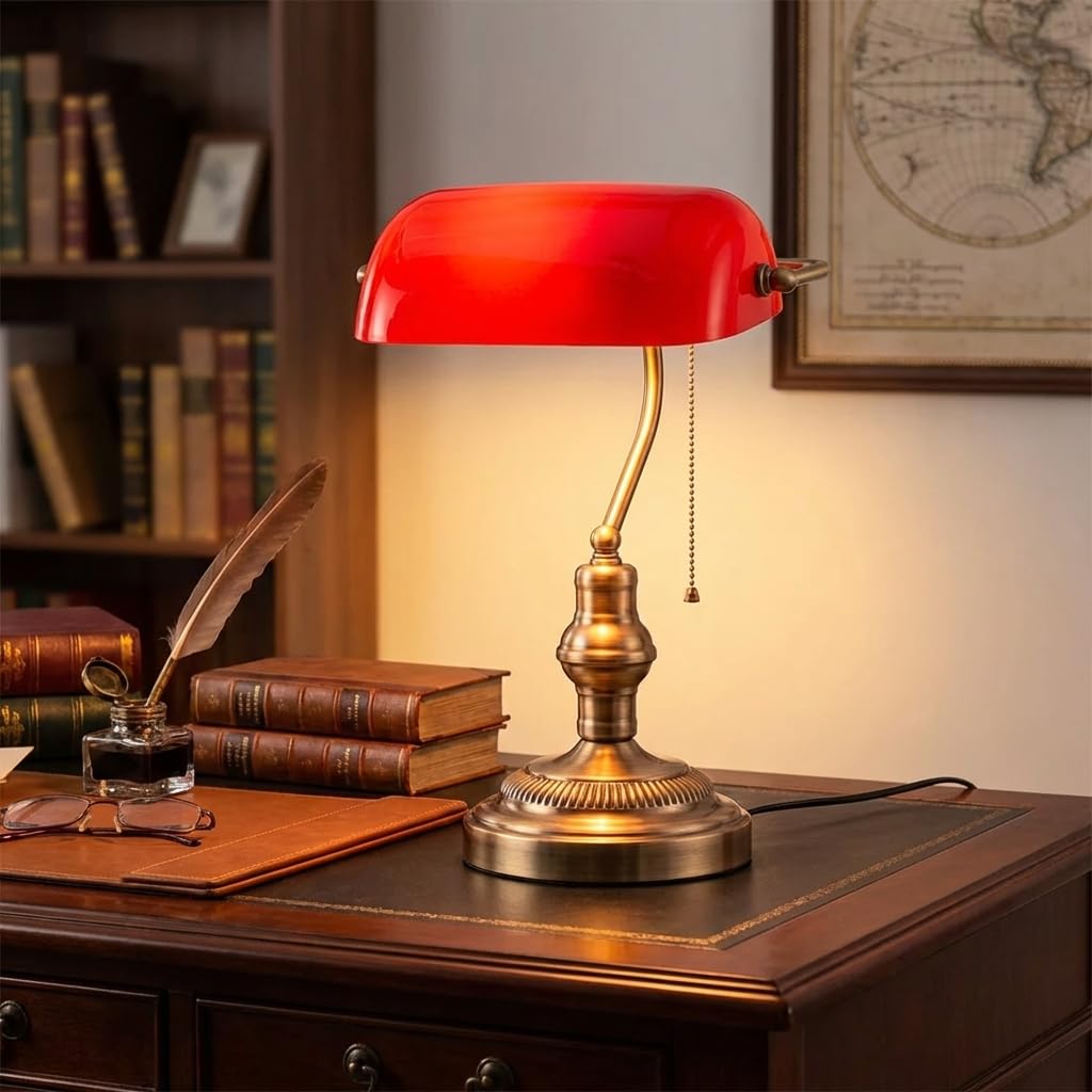 BARCELONA LED Lampada da Tavolo Banker Vintage E27 Paralume in Vetro Rosso Base Cromata Orientabile Luce da Scrivania Classica Stile Industriale Retrò Nordico Ufficio