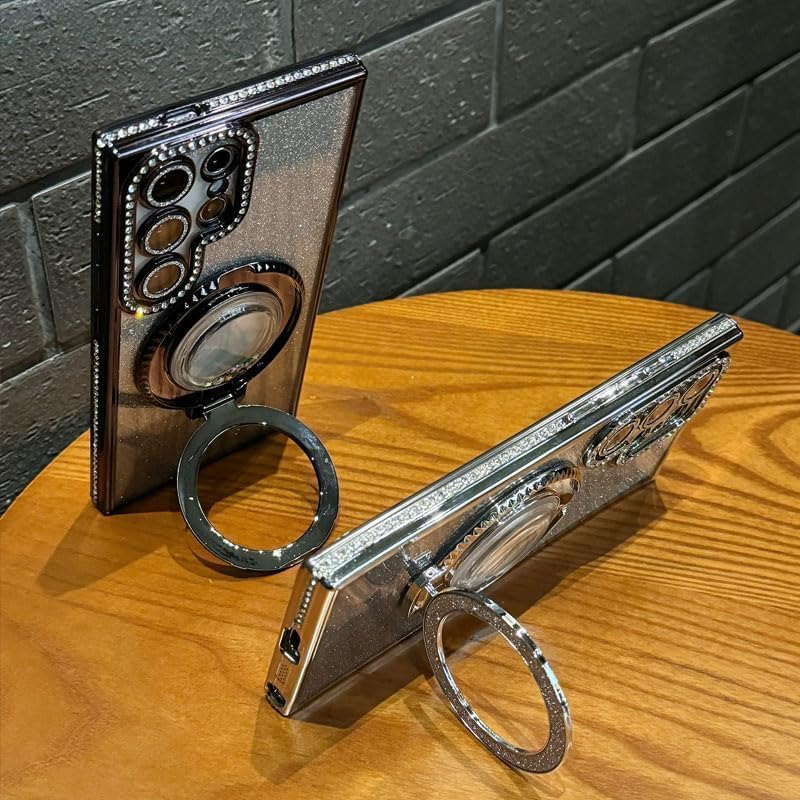 for Samsung Galaxy S25 Ultra Case with Glitter Kickstand,Cute Bling Sparkly Rhinestones Phone Case, Glass Camera Lens Protector,Flowing Liquid Ring Stand for Samsung S25 Ultra (Pink) - Image 5