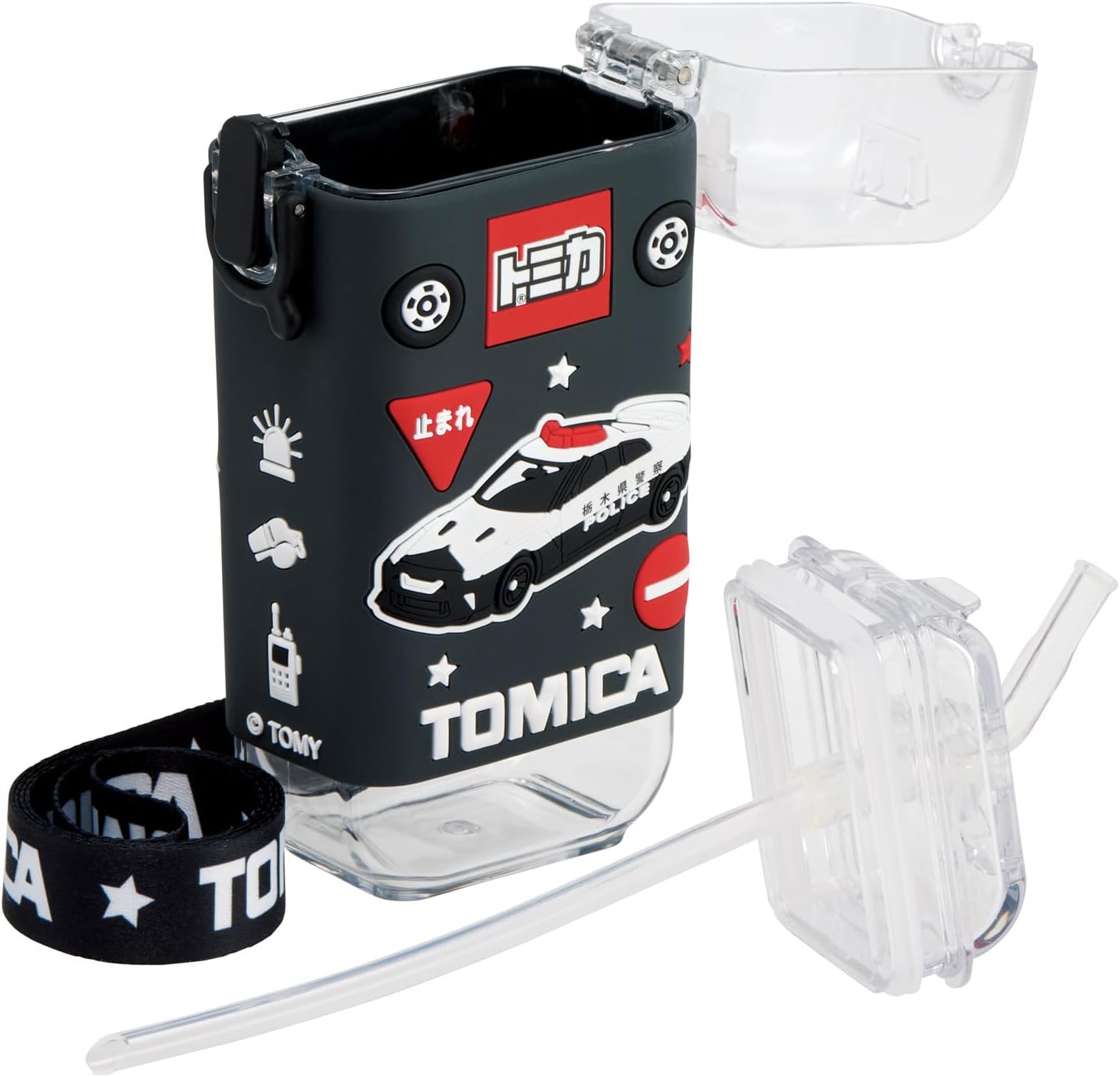 Skater PSQ3ST-A Square Straw Bottle, Water Bottle, S, 9.2 fl oz (260 ml), One Push, Cover Included, Shoulder Belt, Tomica Boys