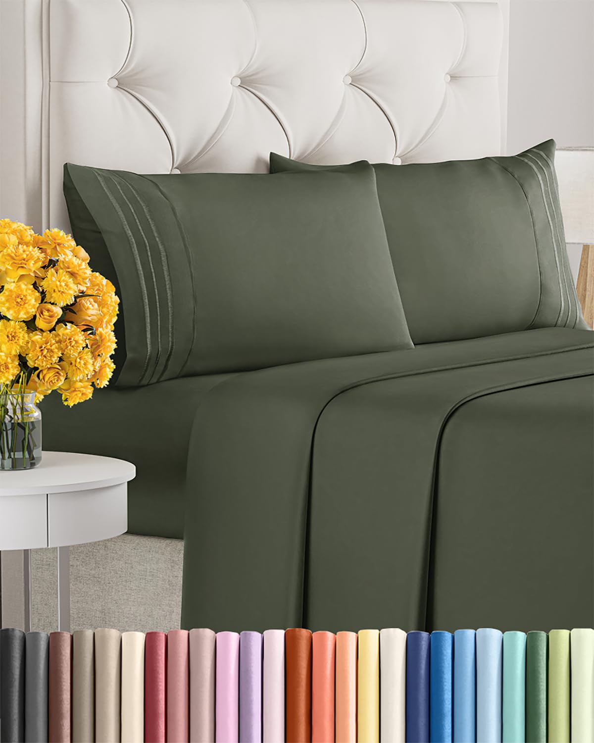 King Size 4-Piece Sheet Set - Extra Soft, Breathable & Cooling - Hotel Luxury Durable Bed Sheets - Deep Pockets, Easy-Fit & Wrinkle-Free - Dark Olive Grey Oeko-Tex