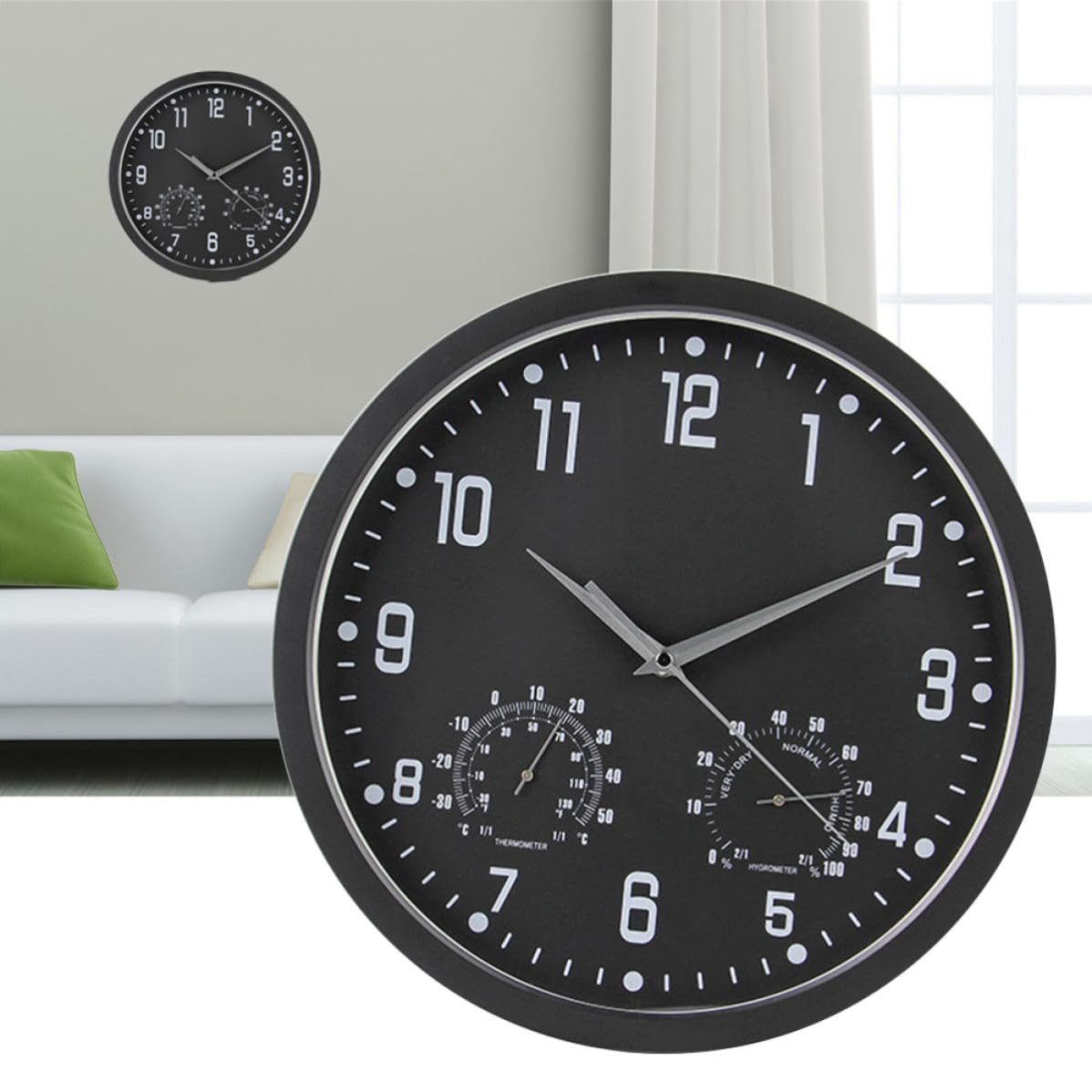 CRAFTHROU Reloj de Pared Silencioso Multifuncional con Termómetro y Higrómetro Diseño Moderno y Clásico para Sala Dormitorio u Oficina con Números Grandes y Fáciles de Leer