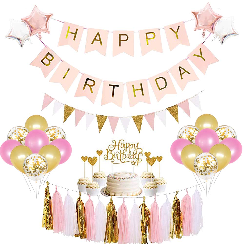PRATYUS Pink Birthday Decorations Kit for Girls Women, Rose Gold Party Supplies Set With Happy Birthday Banner, Triangle Bunting Flags, Latex and Metallic Balloons and Cake Topper