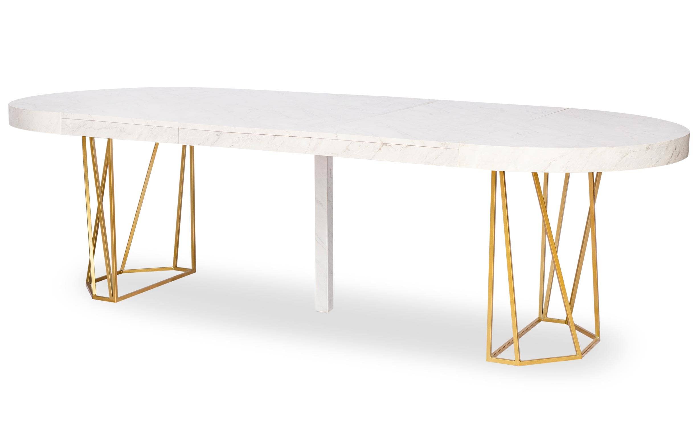 Menzzo Table Ronde Extensible Yasmina Effet marbre & Pieds dorés – Table Salle à Manger Moderne – Ø 120–160 cm x H76 cm – Plateau Effet marbre Blanc
