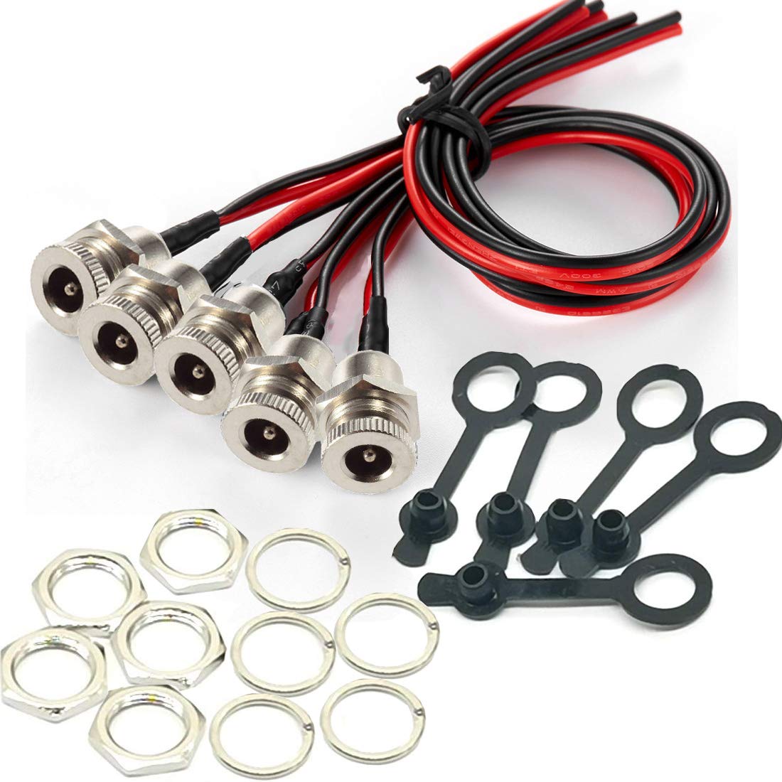 qofowin 5.5 x 2.1 MM 8A DC Power Jack Cord Socket Threaded Female Mount Connector Copper Adapter with Pre-soldered Wires and Waterproof Cover Cap