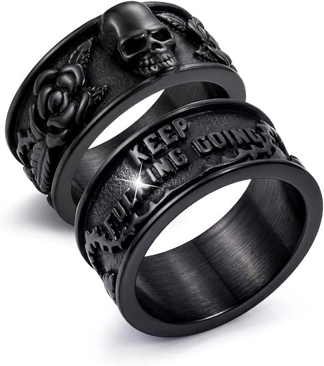 Vintage Gothic Skull Rings for Men Women, Stainless Steel Black Onyx Poker Ring Band Silver Skeleton Cocktail Party Biker Ring
