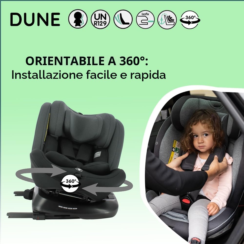 Nania Dune, Seggiolino auto i-Size, Girevole 360, evolutivo, nascita e fino a 12 anni circa, Gruppo 0/1/2/3, 40-150 cm, Seggiolino Auto ISOFIX, Rotazione 360, reclinabile, Poggiatesta regolabile
