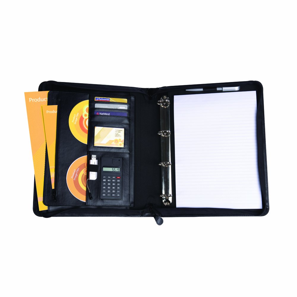 CescahideA4 Leather Deluxe Zipped Ring Binder with Multi Pockets, Fitted Calculator and Carry Handle - Black