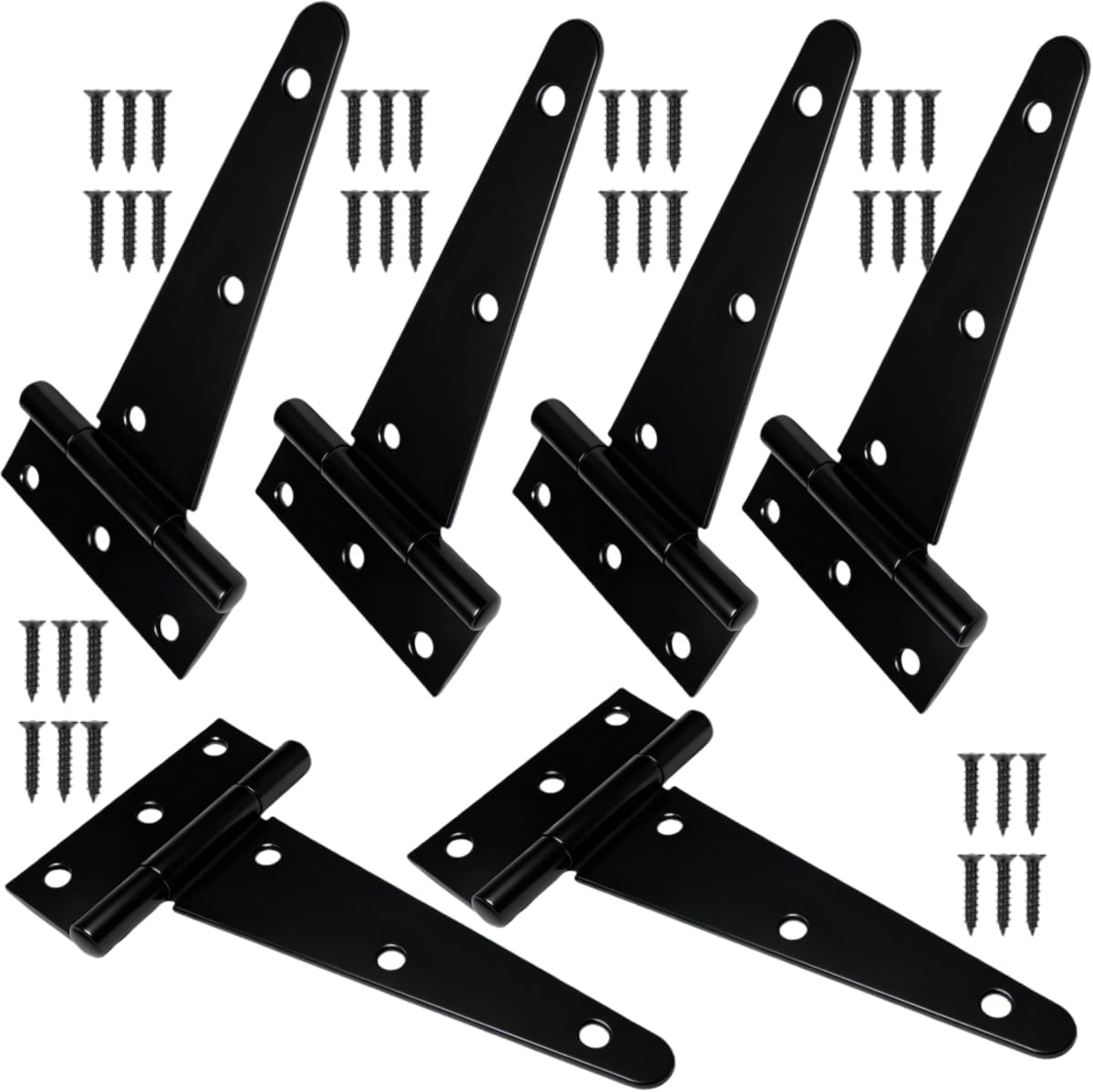 6 Inch Heavy Duty Door Hinges, 6 Pack Black T Strap Hinges, 2.4mm Thick Steel, 7.6 oz Each, Black Powder Coat, Screws Included, for Wood & Metal Doors, Shed Door Hinges & Gate Hinges, Outdoor Use