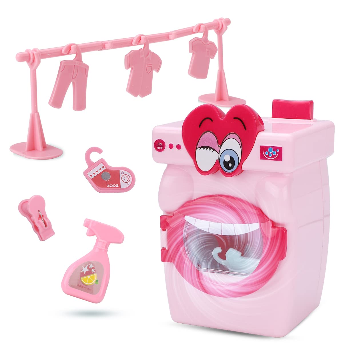 Photo 1 of (FACTORY SEALED) Children's Mini Washing Machine Toy Manual Roller Toy Electric Girl Play House with Clothes, Detergent (Pink Washing Machine)