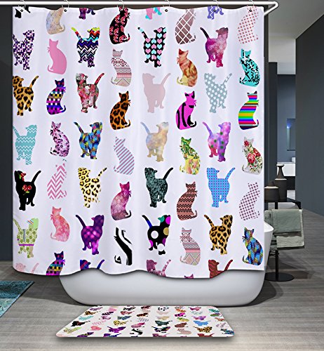 KISY Art Rideau de douche en tissu coloré avec silhouette de chat anti-moisissure et hydrofuge à séchage rapide 180 cm x 180 cm pour salle de bain avec 12 crochets en plastique Cover