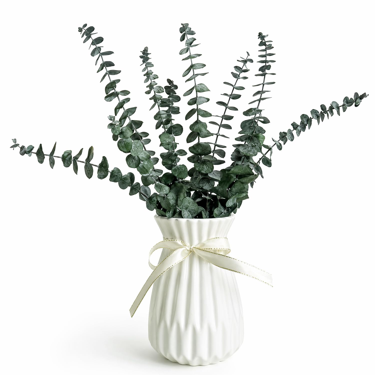 Lot de 10 véritables tiges d'eucalyptus séchées dans un vase en céramique pour décoration de douche et salle de bain, 33 cm