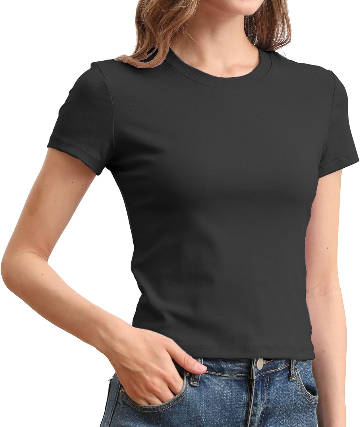 Slim Fitted Basic Tees for women Cotton Short Sleeve T Shirts Cropped Tshirts Casual Crewneck Plain Tight Tops Trendy Large Black