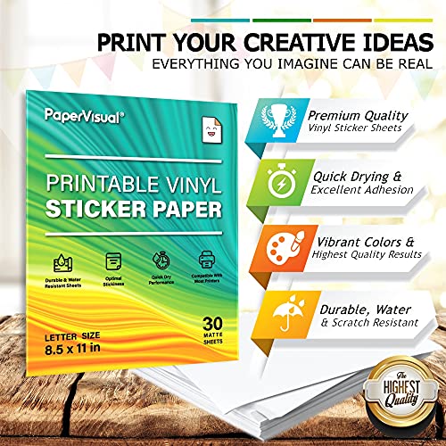 Image of Premium Printable Vinyl Sticker Paper for Inkjet and Laser Printer - 30 White Matte Sticker Paper Waterproof - Excellent Adhesion Paper 8.5 x 11, Fast Dry, Holds Ink Well, Great for Cutting Machines