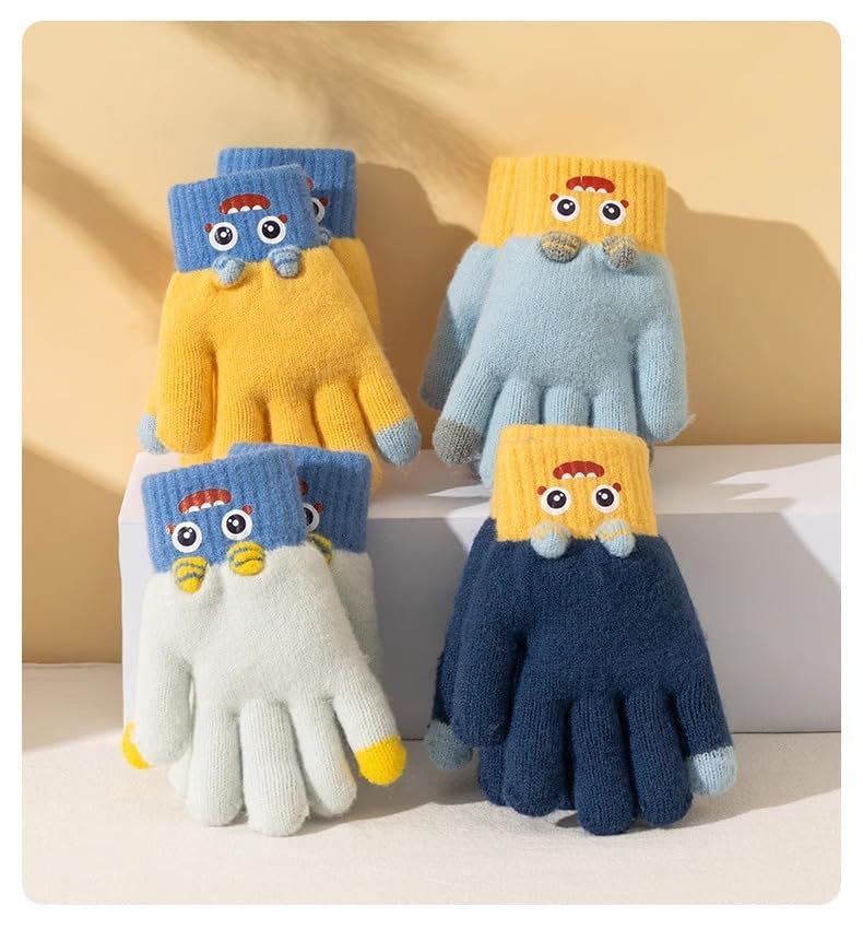 DGSELL CREATIONS Cute Cartoon Winter Gloves for Kids – Warm Knitted Woolen Gloves with Unisex Full-Finger Gloves for Boys & Girls Age range 4-7 years(Pack of 1 Pair) (Blue, 4-7 Years) 1