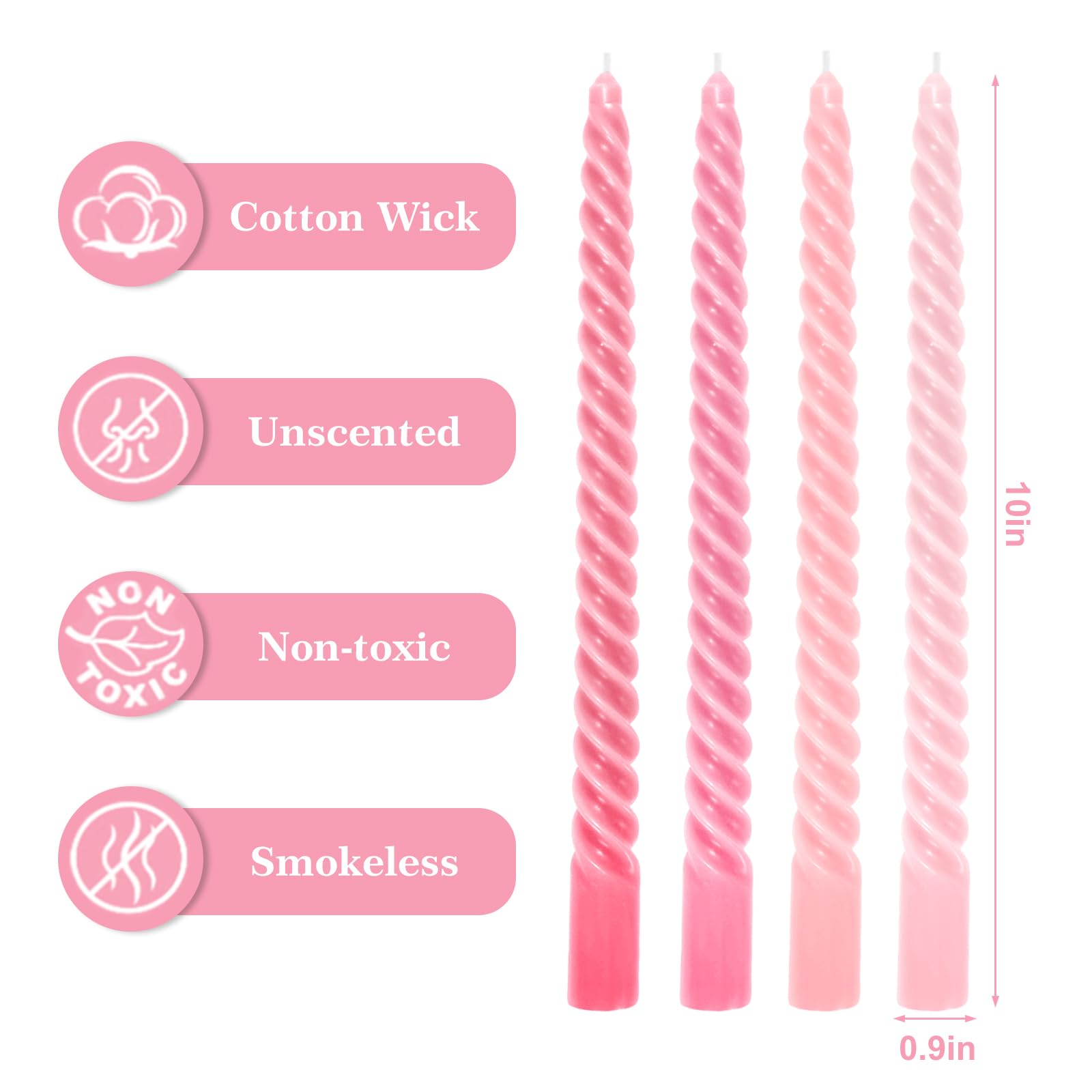 Whaline 8Pcs 10 Inch Gradient Pink Spiral Taper Candles Dripless Twisted Wax Candles Long Unscented Candle Sticks for Valentine's Day Wedding Party Home Dining Table Decor