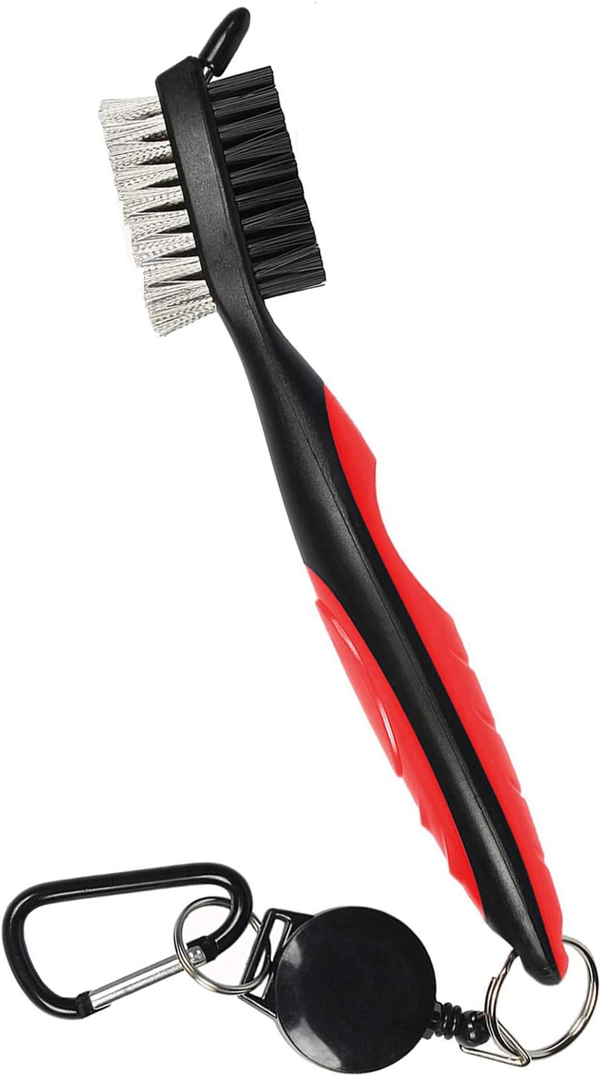 Golf Club Brush and Club Groove Cleaner, Nylon & Steel Brush Golf Clean tool with Retractable Zip-line, Aluminum Carabiner-Lightweight/Ergonomic Design/Easily Attaches to Golf Club Bag