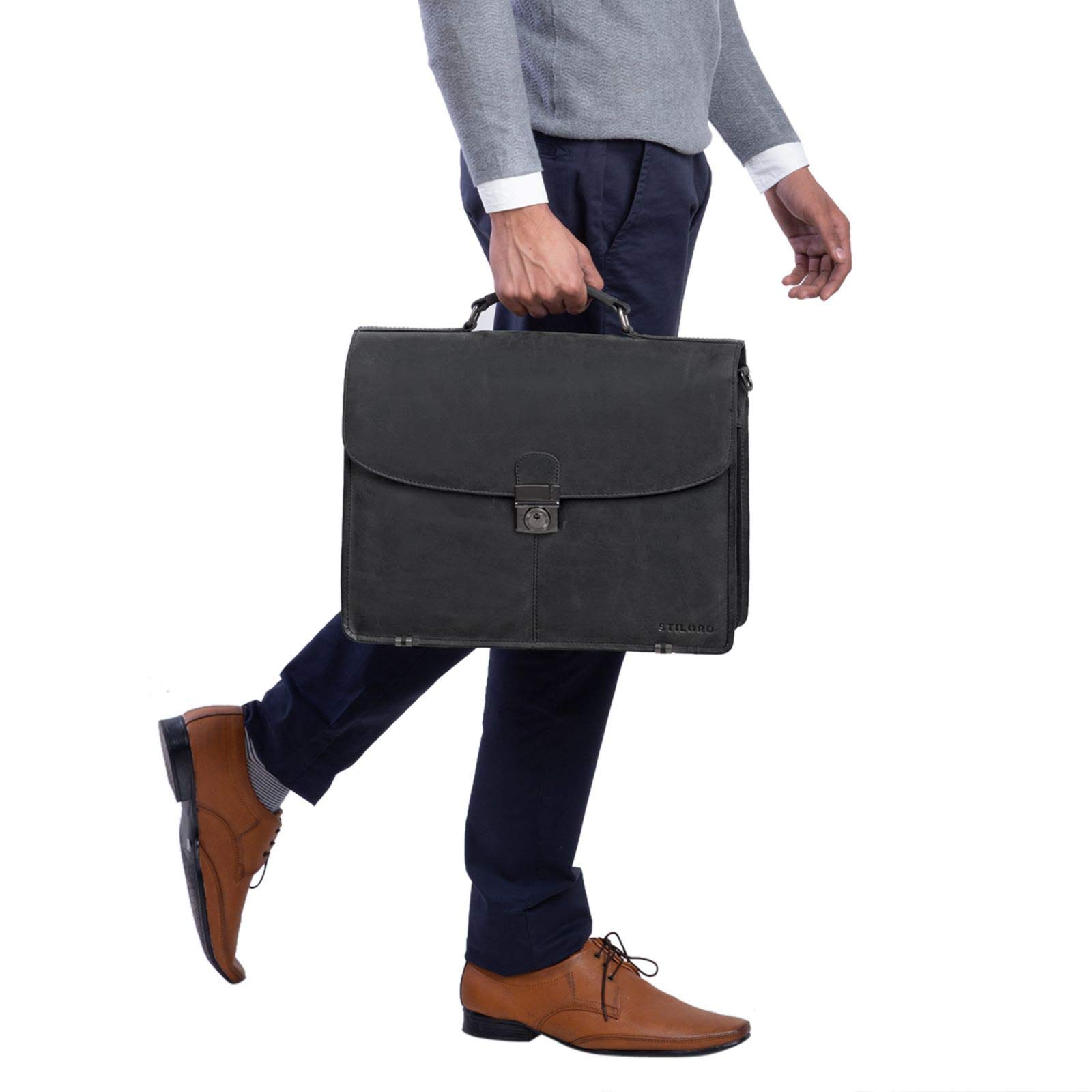 STILORD "Miguel" Classic Leather Briefcase Black Gents duża torba biznesowa torba biurowa z zamkiem do powieszenia 15,6 calowej torby na laptopa Kolor:czarny
