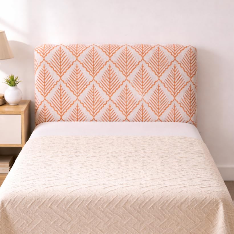 Image of HOMETHREADS 200 GSM Stretchable Jacquard Headboard Cover | Soft, Dust-Proof & Wrinkle-Resistant Bed Back Protector | Fits Leather, Wooden & Fabric Bedsides | for 3ft to 3.5ft Beds (Orange,90x65cm)