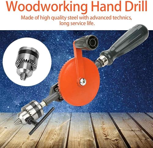 Miniatura 3 de Broca de manivela de mano, 14 pulgadas, portabrocas de 38 pulgadas, mini taladro mutual portátil con doble piñón herramienta de taladro de mano para