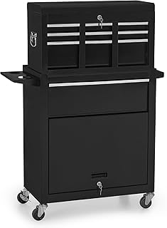 BarberPub 2 in 1 Friseurwagen mit 5 Schubladen & Schrank, Bedienungswagen mit 2 Föhnhalter, Friseur Arbeitswagen Abschließbar, Beauty Salon Trolley Metall, Rollwagen Stapelboy, 0097(Schwarz-Silber)