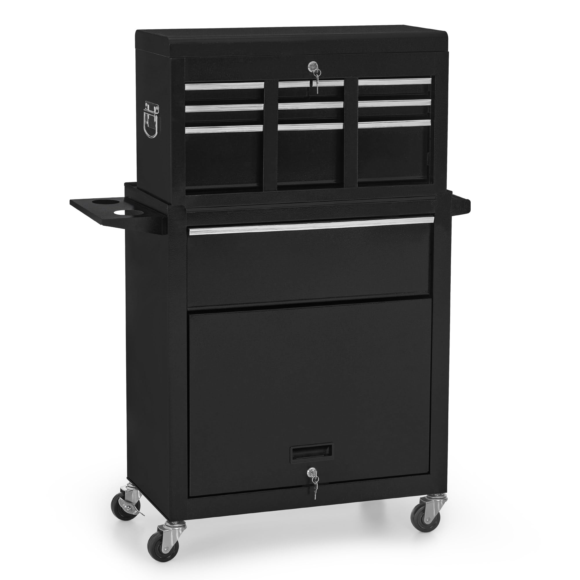 Chariot de Coiffure BarberPub 2 en 1 avec 5 tiroirs et Une Armoire, Chariot de Service avec 2 Supports pour sèche-Cheveux, Chariot de Travail de Coiffure verrouillable, 0097 (Noir-Argent)