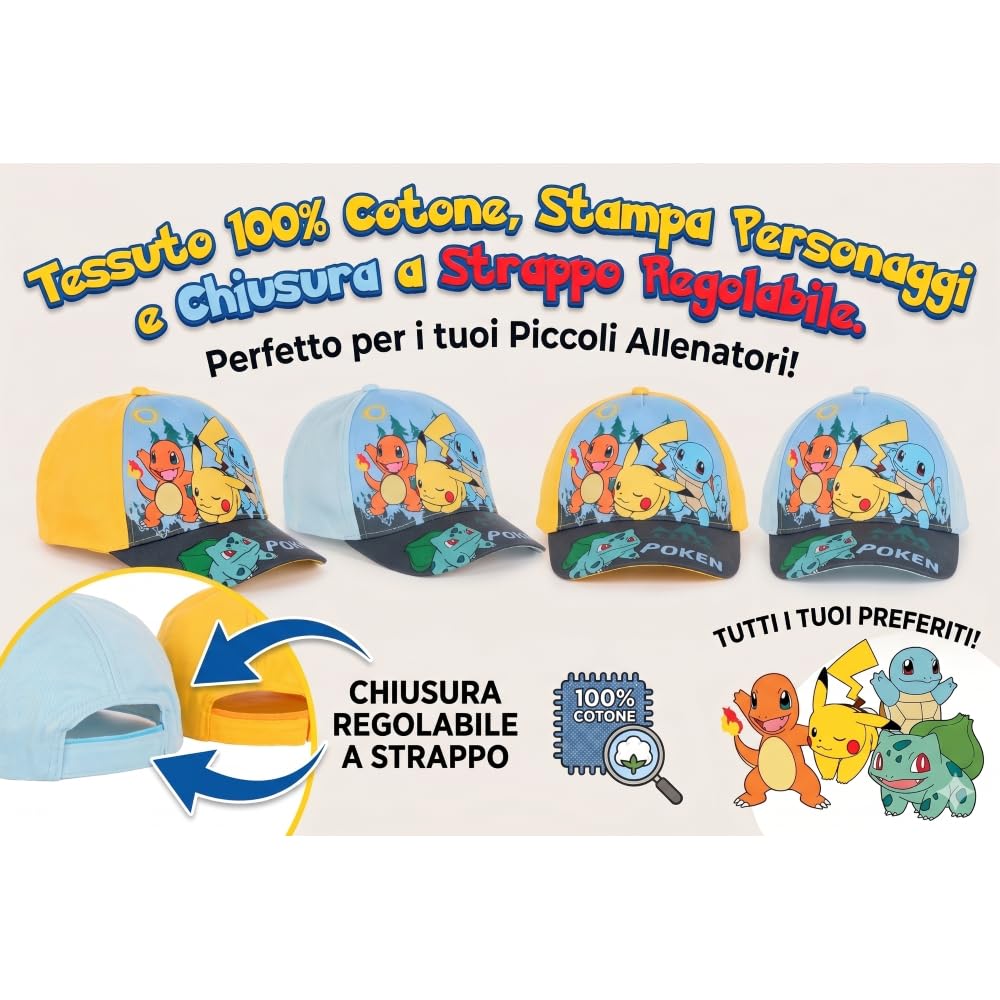 Pokémon Cappellino Bambino Visiera Regolabile Cappello Azzurro Pikachu Charmander Squirtle Bulbasaur 100% Cotone Ufficiale