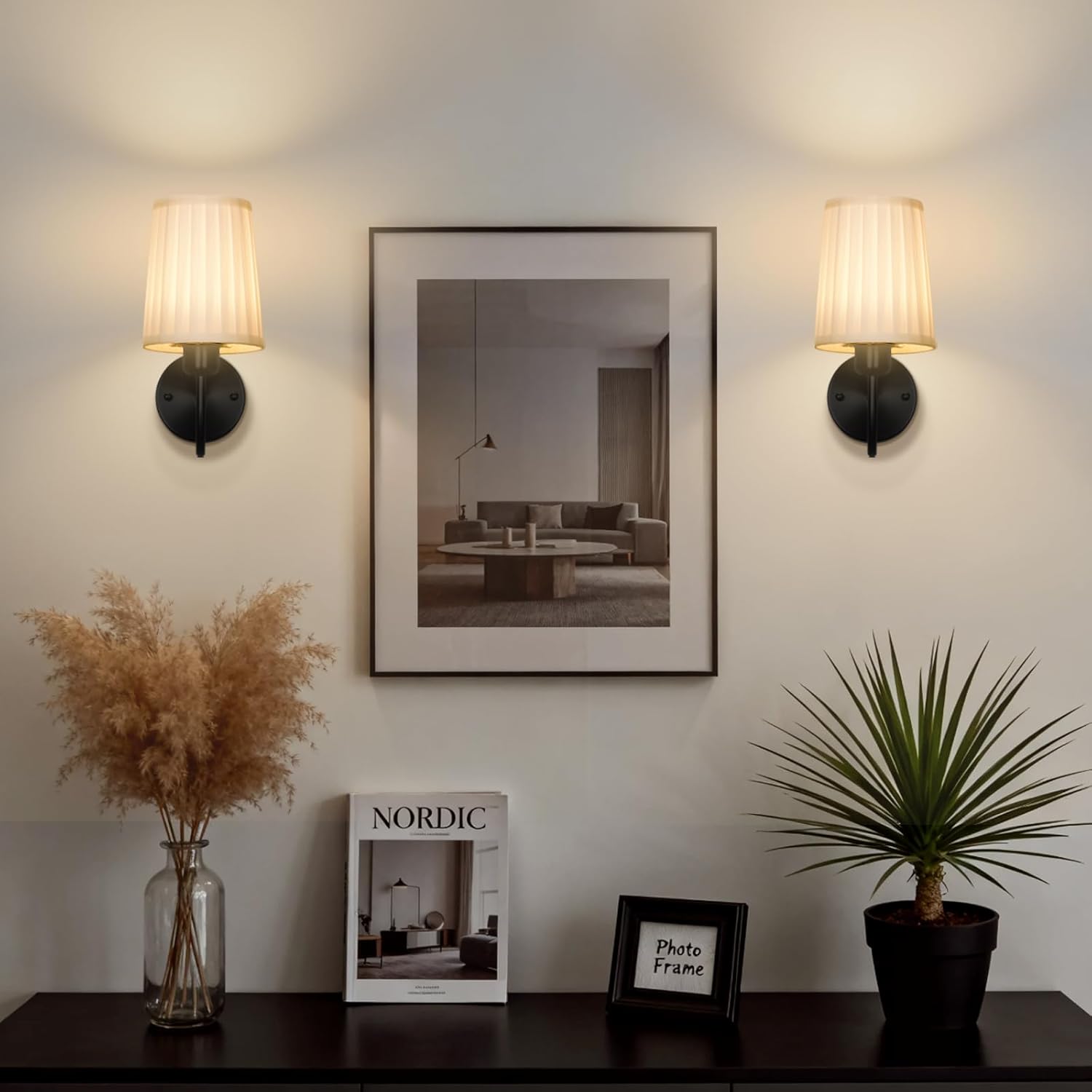 Battery Operated Wall Sconce Set of 2, Rechargeable Wall Sconces with 10000mAh Dimming Magnetic Bulb, Wireless Battery Powered Wall Lights with Pleated for Bedroom Living Room Gallery Hallway,Black