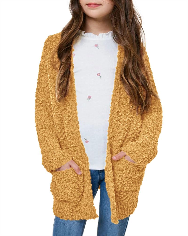 Imily Bela Girls Cardigan Open Front Popcorn Knit Long Sleeve Sweaters Coat